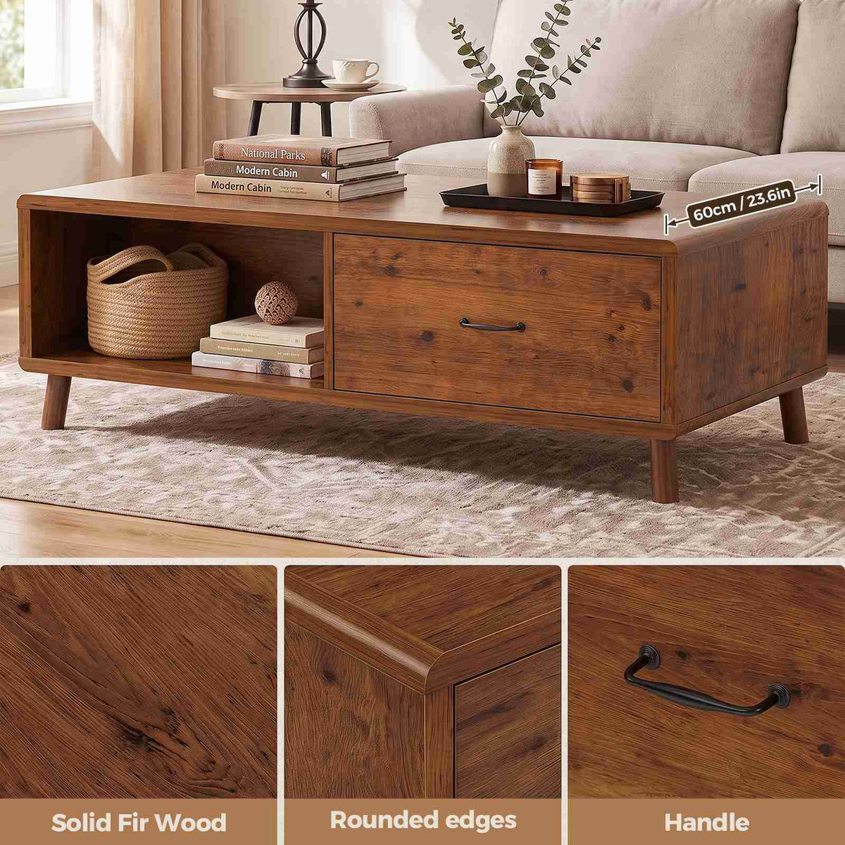 47.2'' Solid Firwood Coffee Table with Storage Drawer for Living Room