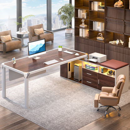 68.9 Inch L Shaped Desk with Drawers, Computer Desk with Power Outlets and LED Lights, Corner Office Desk with Storage Cabinet, Open Shelf and Seat Cushion