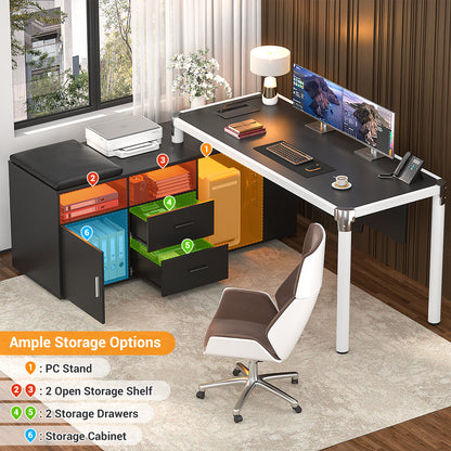 68.9 Inch L Shaped Desk with Drawers, Computer Desk with Power Outlets and LED Lights, Corner Office Desk with Storage Cabinet, Open Shelf and Seat Cushion