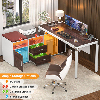 68.9 Inch L Shaped Desk with Drawers, Computer Desk with Power Outlets and LED Lights, Corner Office Desk with Storage Cabinet, Open Shelf and Seat Cushion
