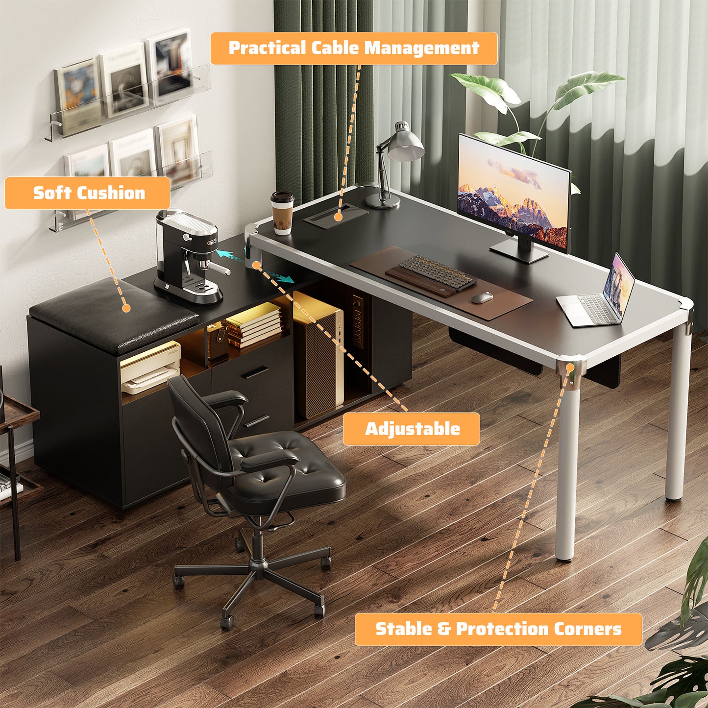 68.9 Inch L Shaped Desk with Drawers, Computer Desk with Power Outlets and LED Lights, Corner Office Desk with Storage Cabinet, Open Shelf and Seat Cushion