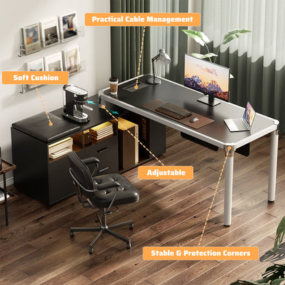 68.9 Inch L Shaped Desk with Drawers, Computer Desk with Power Outlets and LED Lights, Corner Office Desk with Storage Cabinet, Open Shelf and Seat Cushion
