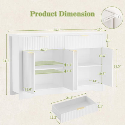 55" Fluted Buffet Cabinet, Modern Sideboard Credenza with Drawers, Adjustable Shelves & Coffee Bar Storage for Kitchen