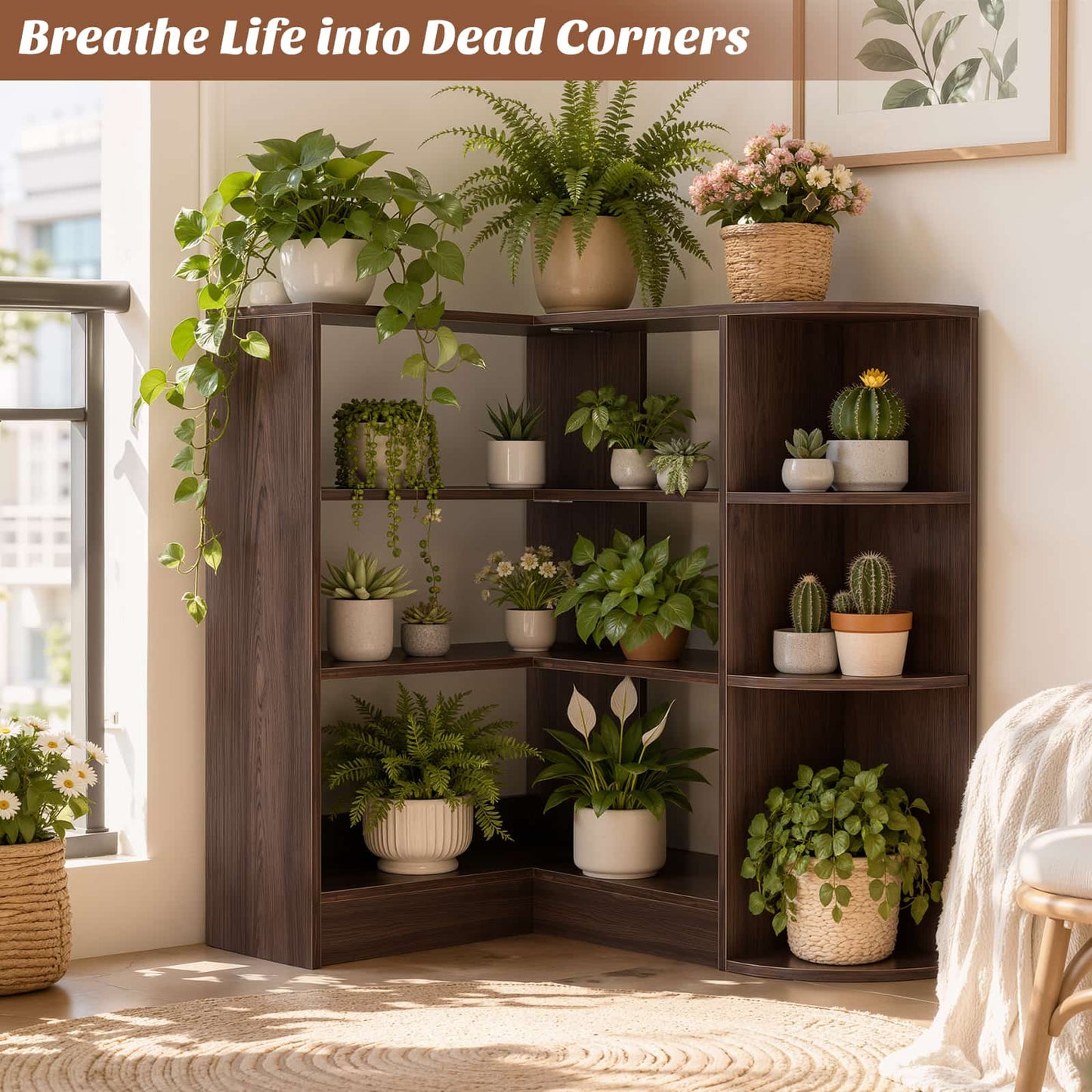 4-Tier Small Corner Shelf, Compact L-Shaped Corner Bookshelf
