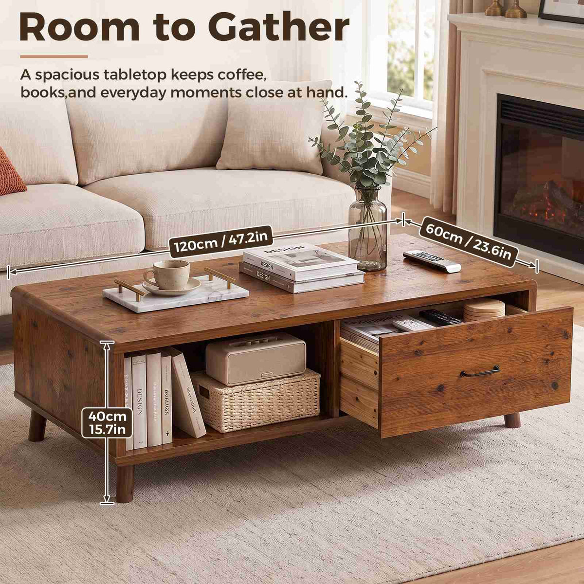 47.2'' Solid Firwood Coffee Table with Storage Drawer for Living Room