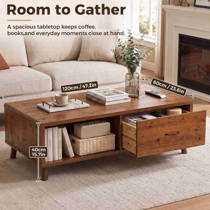 47.2'' Solid Firwood Coffee Table with Storage Drawer for Living Room