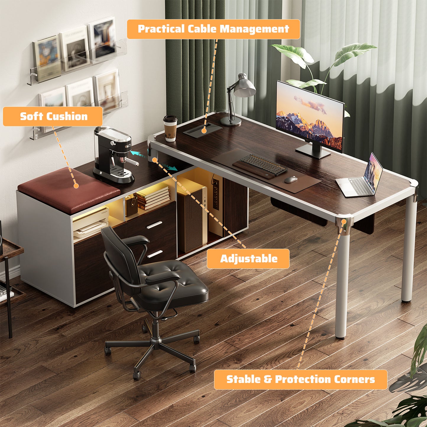 68.9 Inch L Shaped Desk with Drawers, Computer Desk with Power Outlets and LED Lights, Corner Office Desk with Storage Cabinet, Open Shelf and Seat Cushion