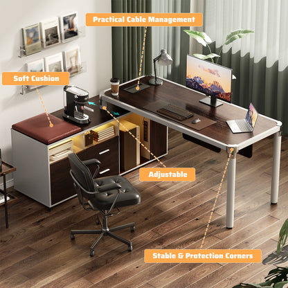 68.9 Inch L Shaped Desk with Drawers, Computer Desk with Power Outlets and LED Lights, Corner Office Desk with Storage Cabinet, Open Shelf and Seat Cushion