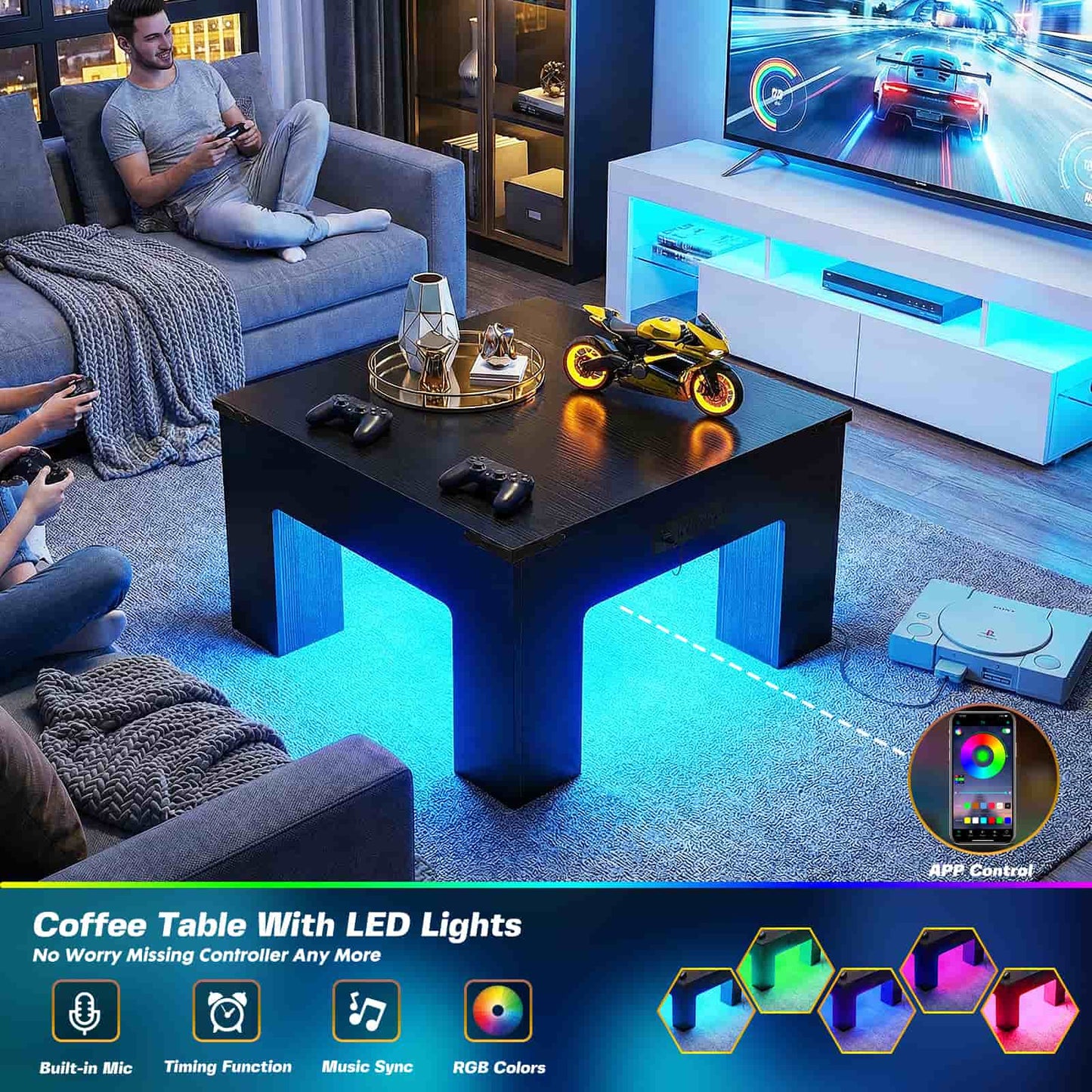 LED Square Coffee Table for Living Room Set of 2