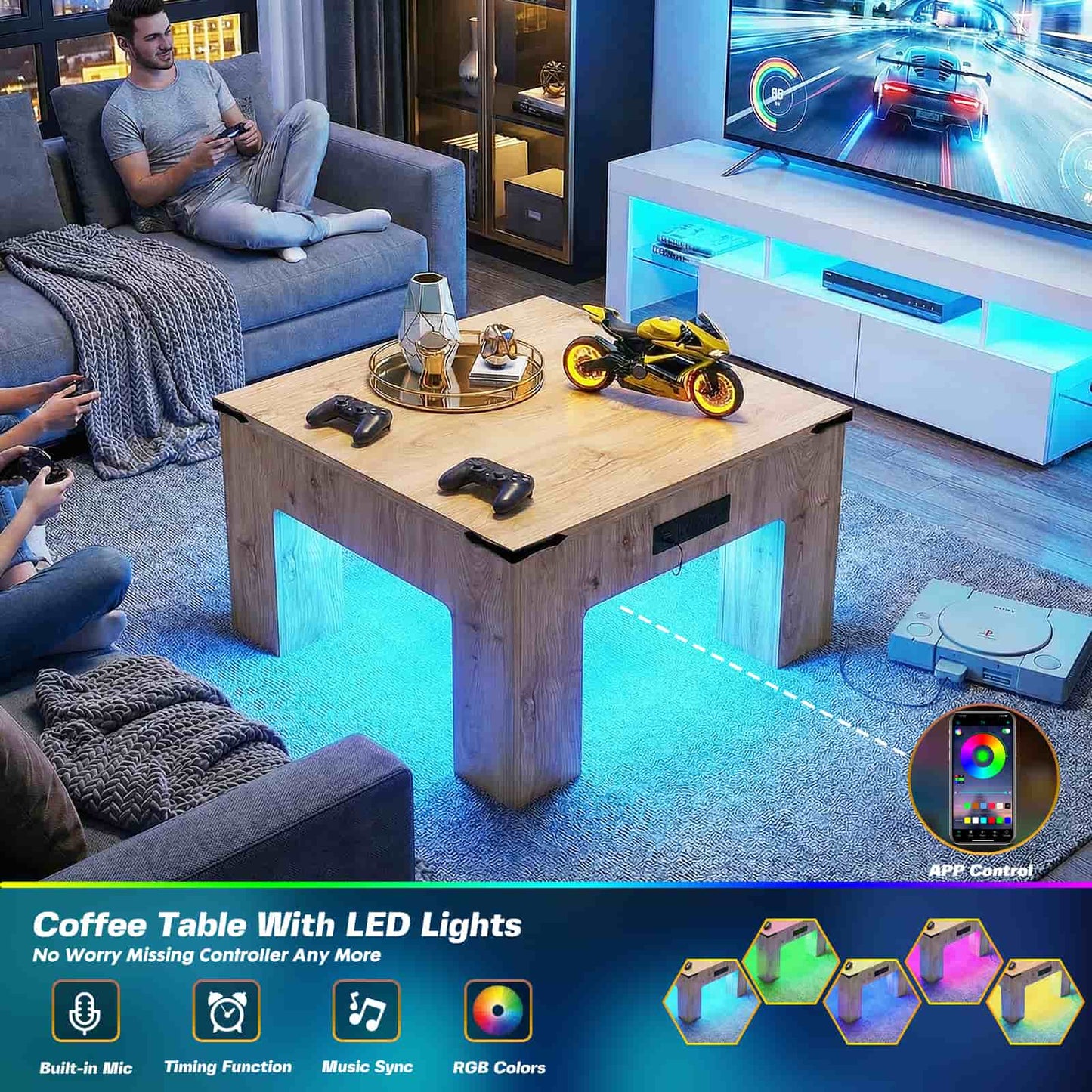 LED Square Coffee Table for Living Room Set of 2
