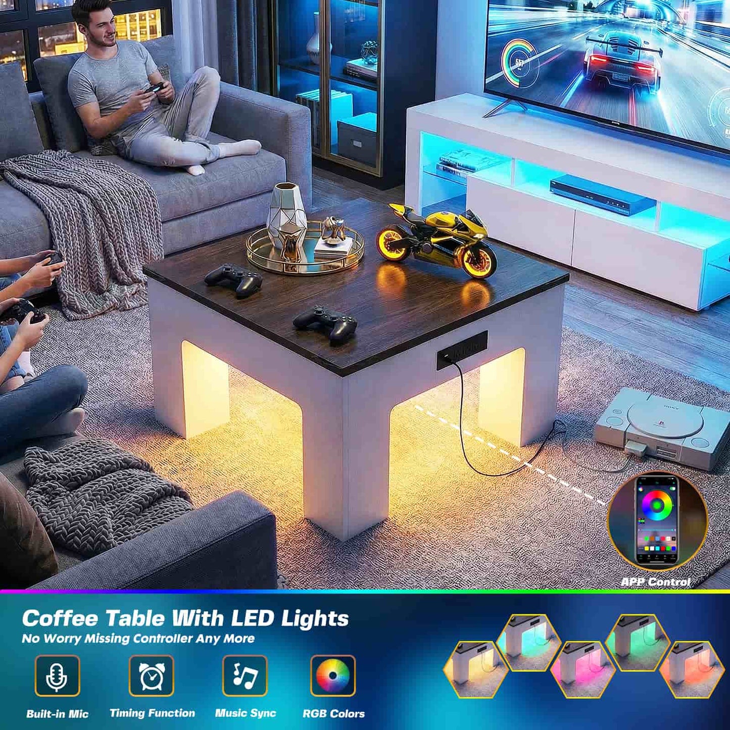 LED Square Coffee Table for Living Room Set of 2