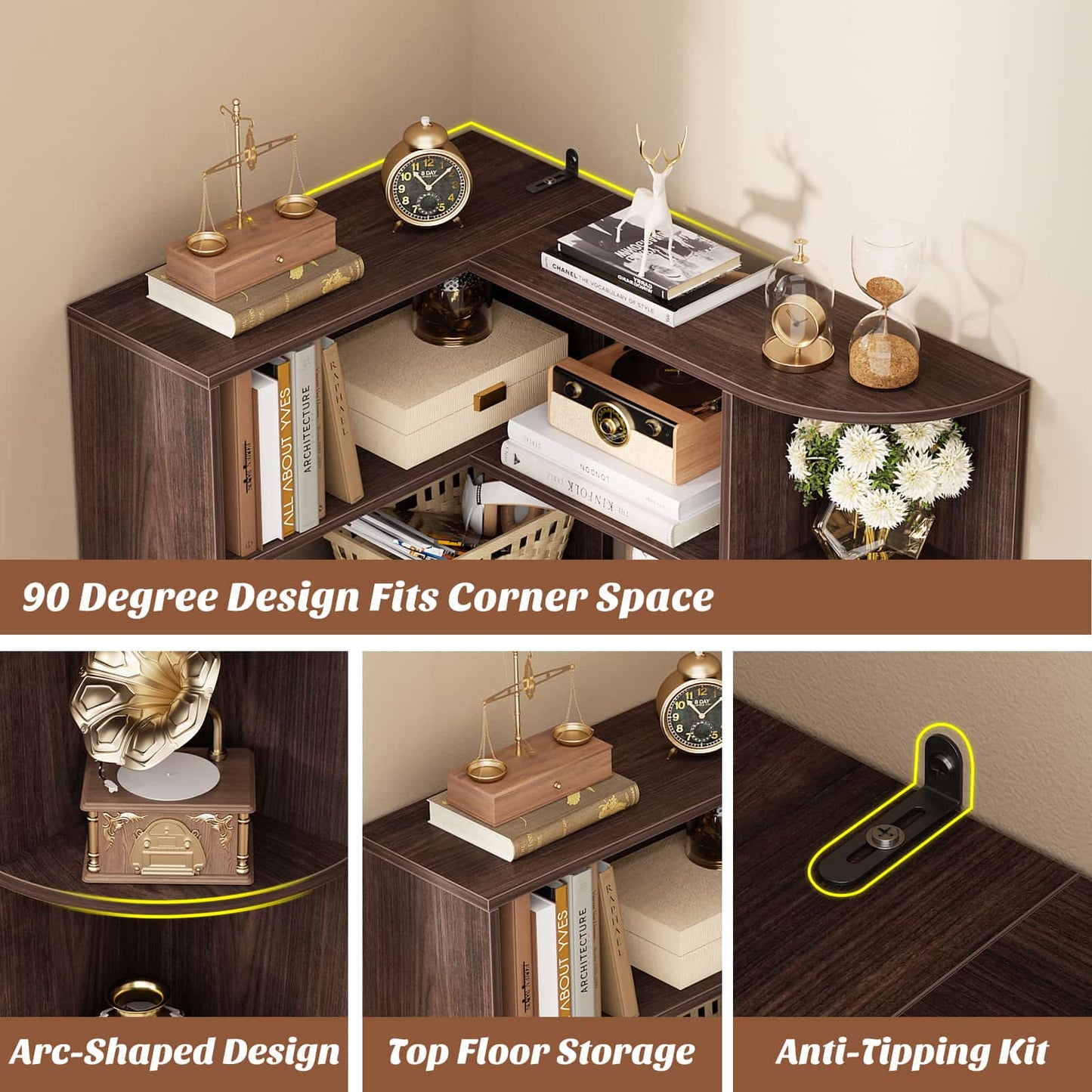 4-Tier Small Corner Shelf, Compact L-Shaped Corner Bookshelf