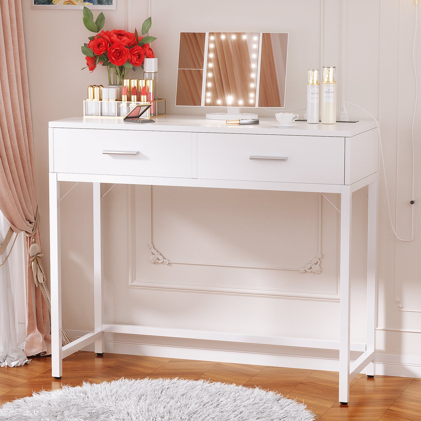 Vanity Desk with Mirror and Lights, 35.8" Makeup Table with Drawers