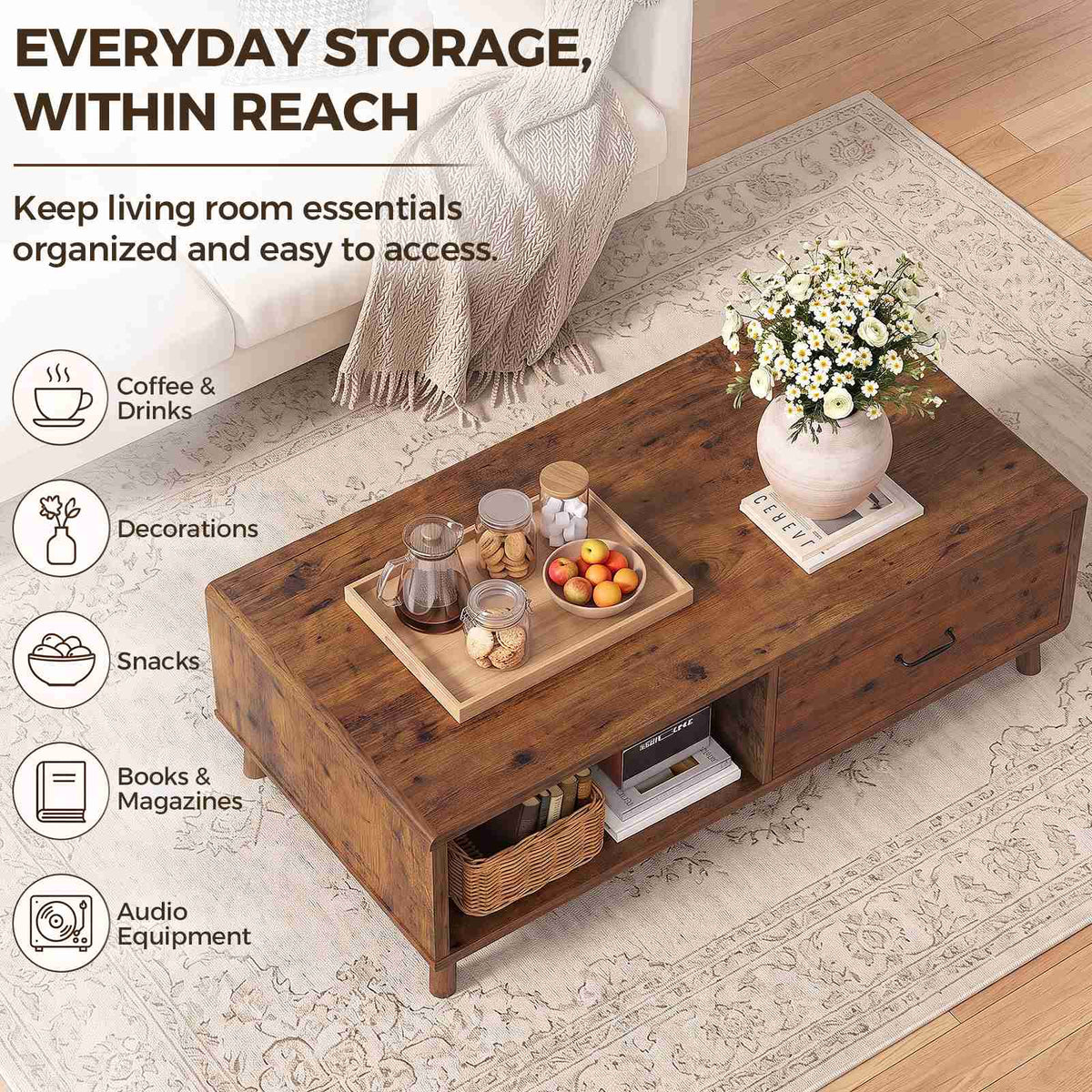 47.2'' Solid Firwood Coffee Table with Storage Drawer for Living Room