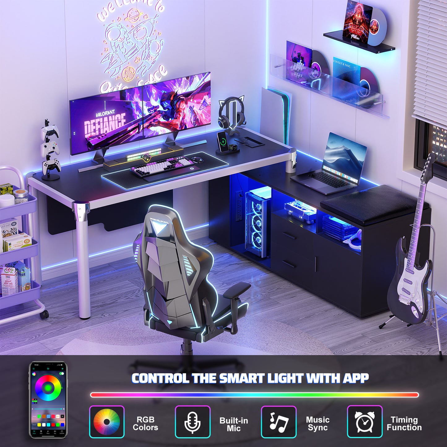68.9 Inch L Shaped Desk with Drawers, Computer Desk with Power Outlets and LED Lights, Corner Office Desk with Storage Cabinet, Open Shelf and Seat Cushion