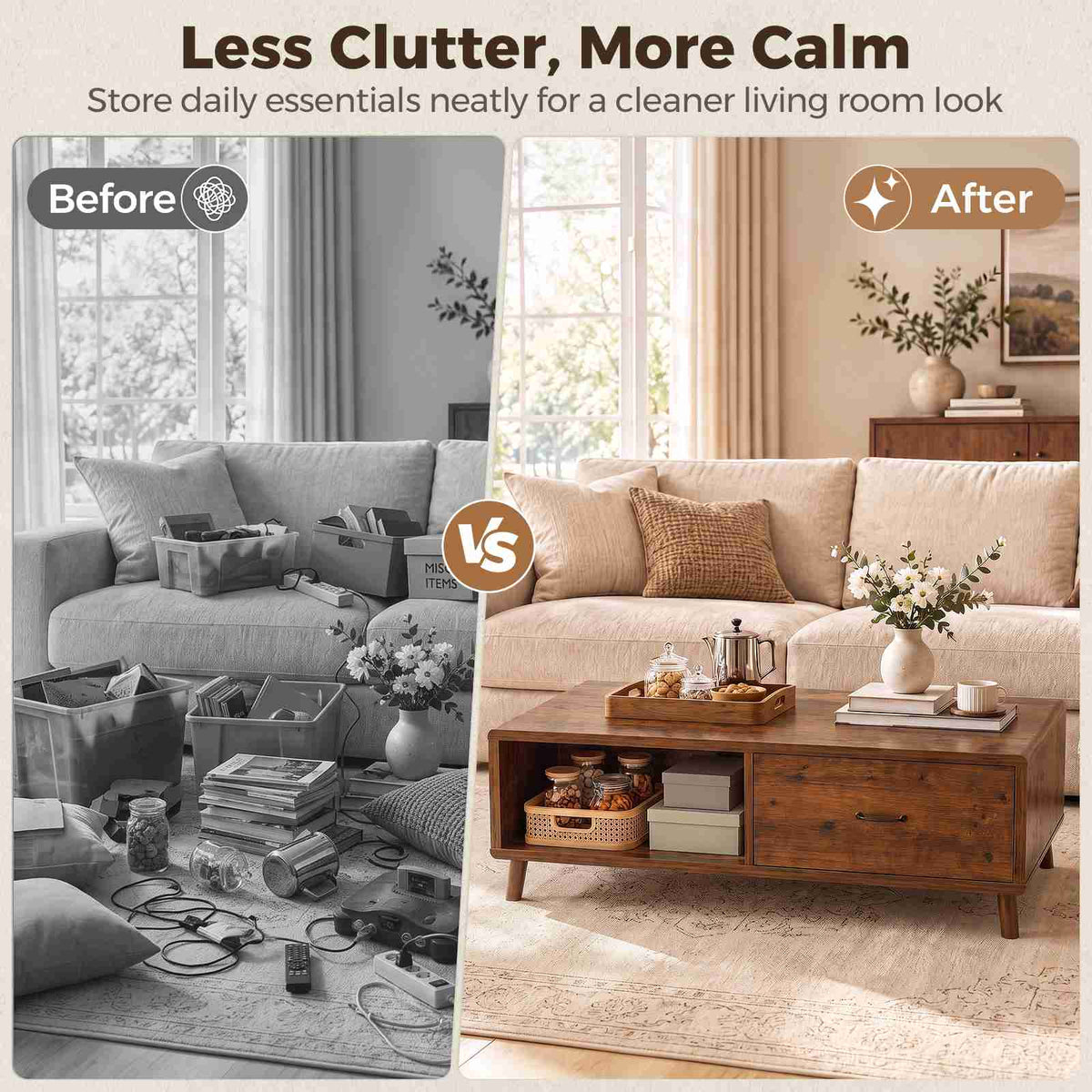 47.2'' Solid Firwood Coffee Table with Storage Drawer for Living Room