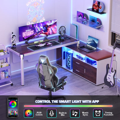 68.9 Inch L Shaped Desk with Drawers, Computer Desk with Power Outlets and LED Lights, Corner Office Desk with Storage Cabinet, Open Shelf and Seat Cushion