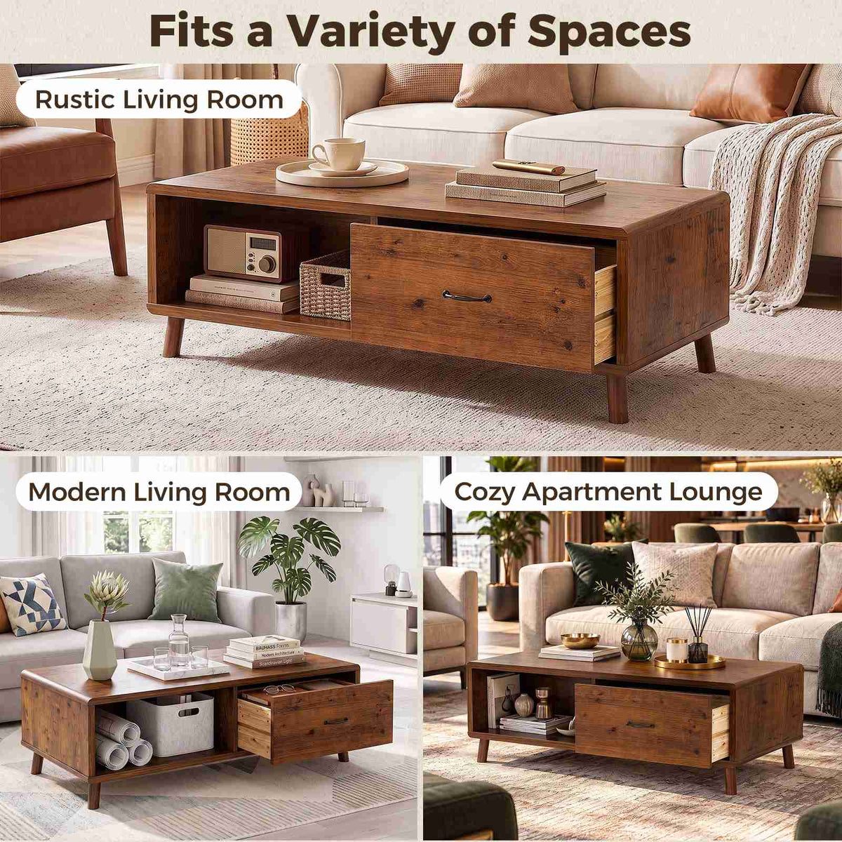 47.2'' Solid Firwood Coffee Table with Storage Drawer for Living Room