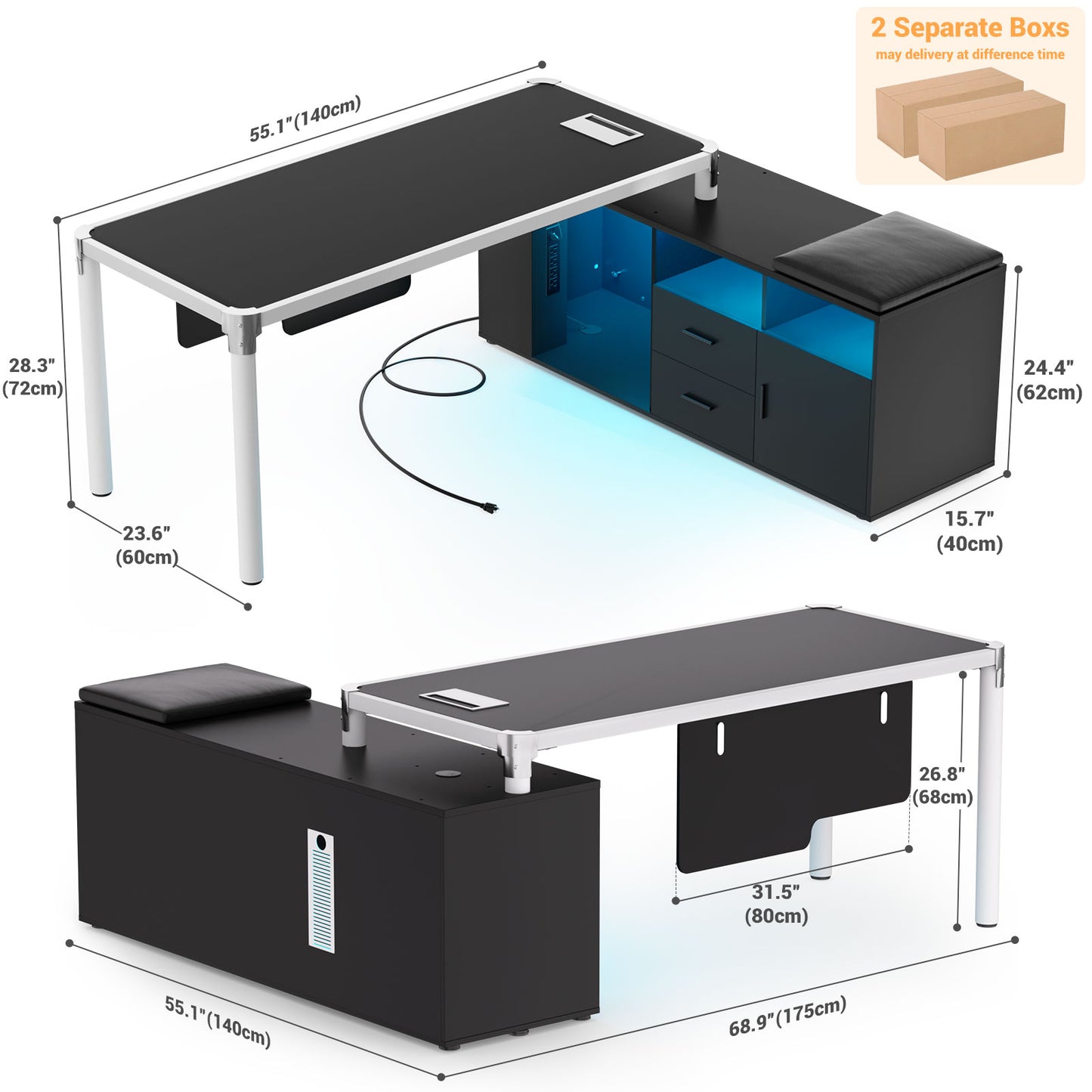 68.9 Inch L Shaped Desk with Drawers, Computer Desk with Power Outlets and LED Lights, Corner Office Desk with Storage Cabinet, Open Shelf and Seat Cushion