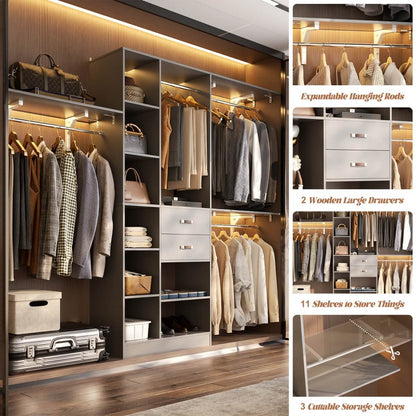8FT Closet Organizer System with 13 Shelves & 2 Wood Drawers