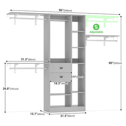 8FT Closet Organizer System with 13 Shelves & 2 Wood Drawers