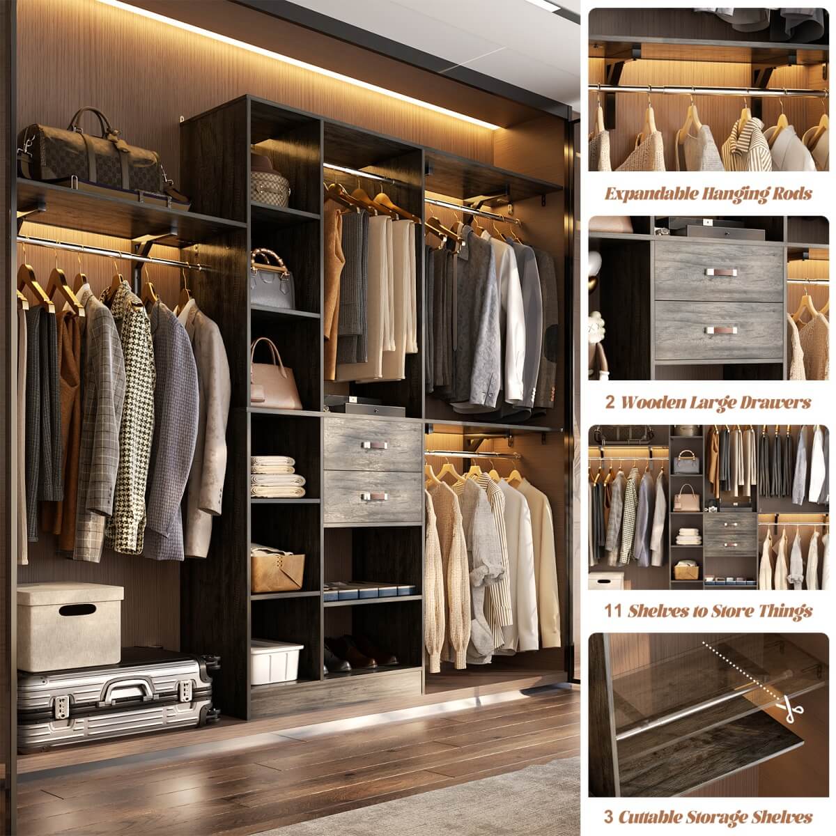 8FT Closet Organizer System with 13 Shelves & 2 Wood Drawers