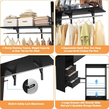 96 Inches Closet System with 3 Shelving Towers