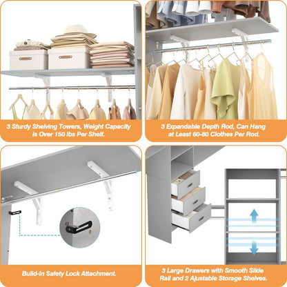 96 Inches Closet System with 3 Shelving Towers