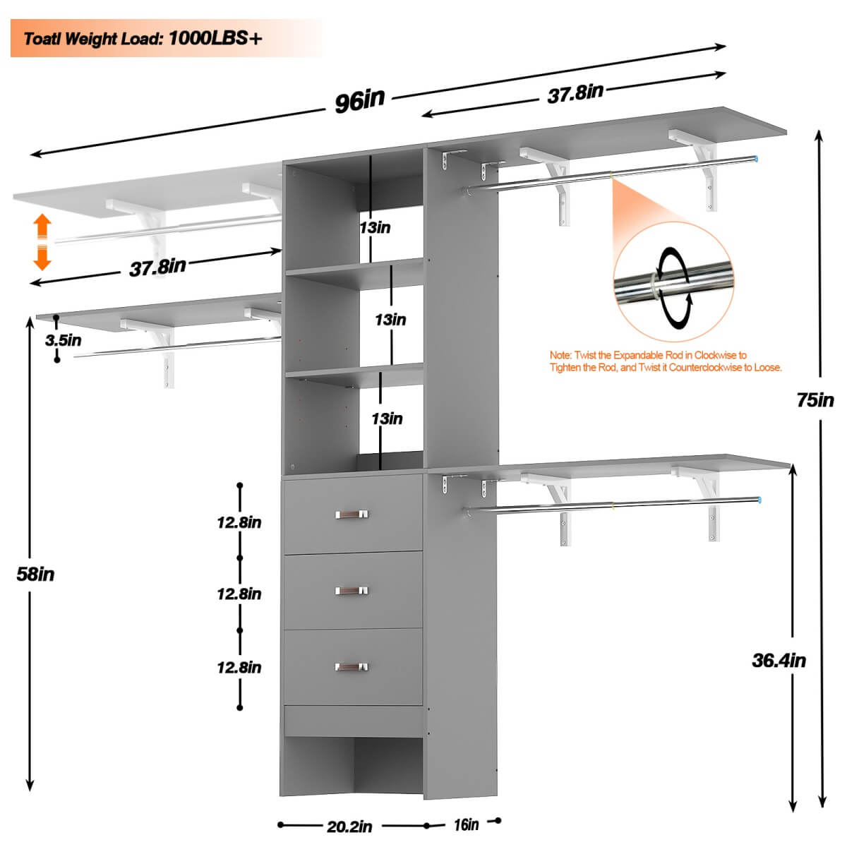 96 Inches Closet System with 3 Shelving Towers