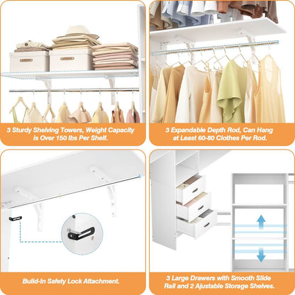 96 Inches Closet System with 3 Shelving Towers