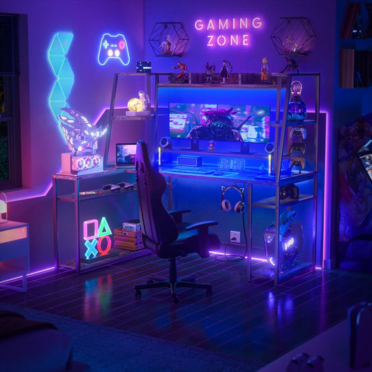 63 Inch L-Shaped Gaming Desk with LED Light Strips & Built-in Power Outlets
