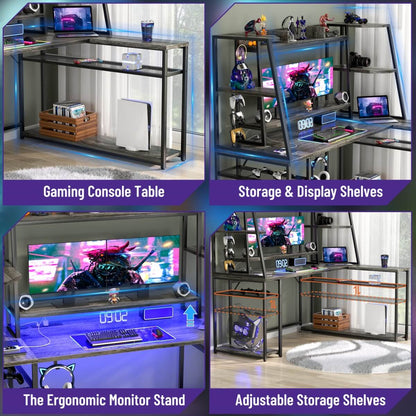 63 Inch L-Shaped Gaming Desk with LED Light Strips & Built-in Power Outlets