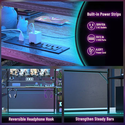 63 Inch L-Shaped Gaming Desk with LED Light Strips & Built-in Power Outlets
