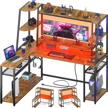 63 Inch L-Shaped Gaming Desk with LED Light Strips & Built-in Power Outlets