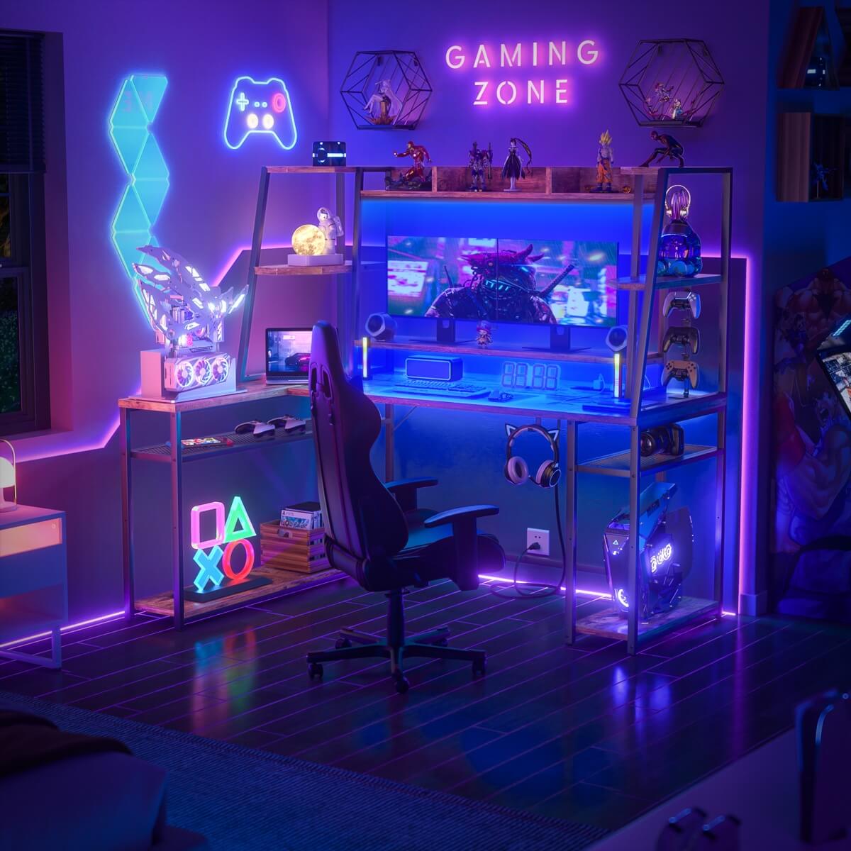 63 Inch L-Shaped Gaming Desk with LED Light Strips & Built-in Power Outlets