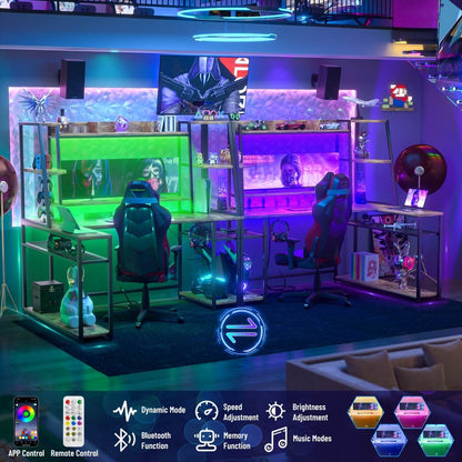 63 Inch L-Shaped Gaming Desk with LED Light Strips & Built-in Power Outlets
