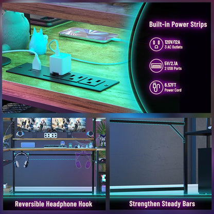 63 Inch L-Shaped Gaming Desk with LED Light Strips & Built-in Power Outlets