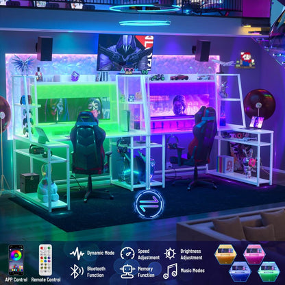 63 Inch L-Shaped Gaming Desk with LED Light Strips & Built-in Power Outlets