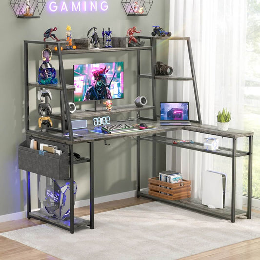 47-inch L-Shaped Gaming Computer Desk with LED Lights & Power Outlets