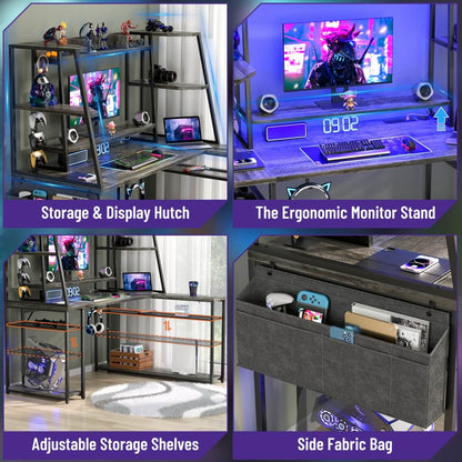 47-inch L-Shaped Gaming Computer Desk with LED Lights & Power Outlets