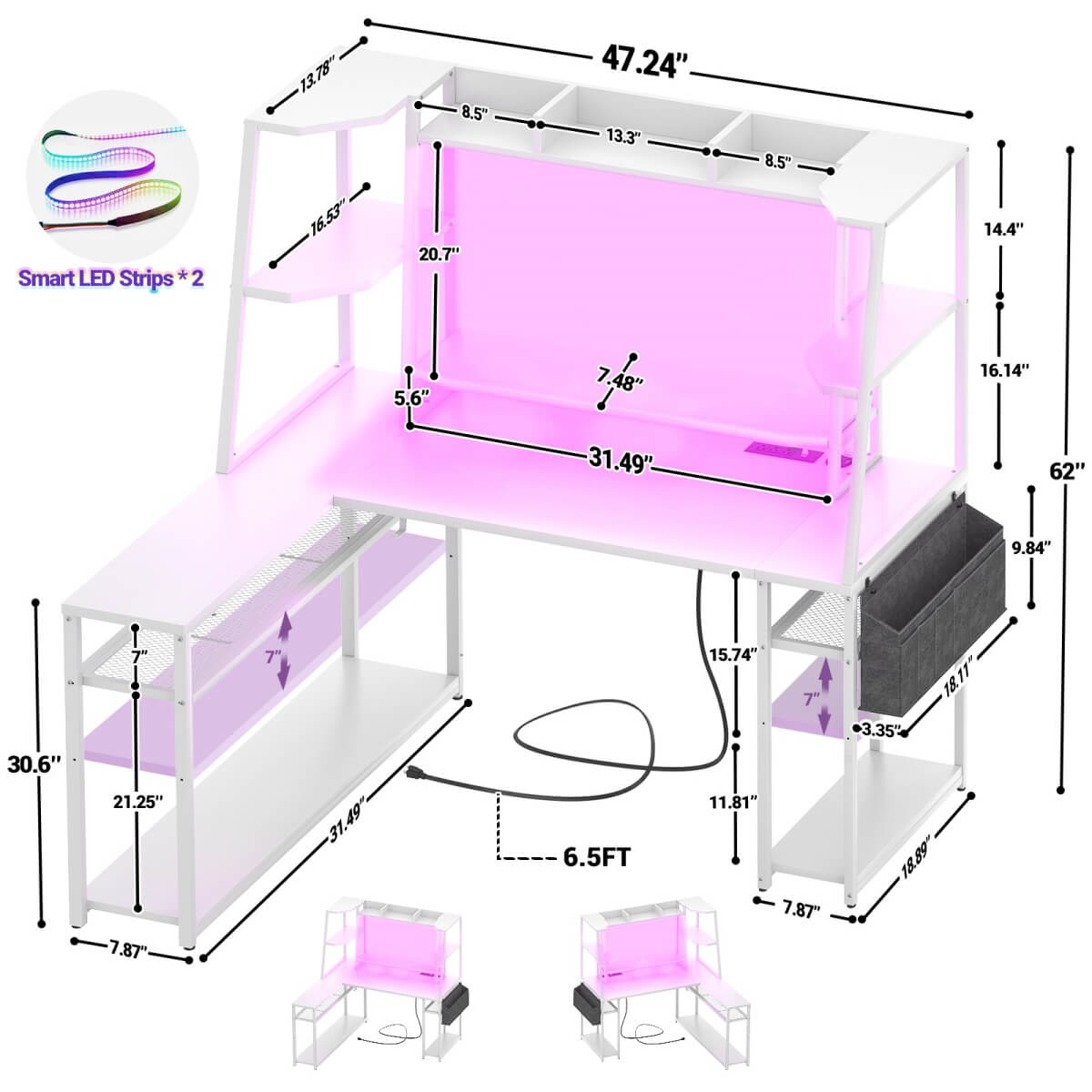 47-inch L-Shaped Gaming Computer Desk with LED Lights & Power Outlets