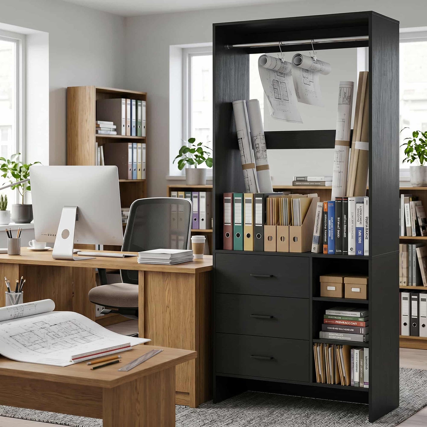 Bookcase with 3 Drawers, Freestanding Storage Bookshelf, 29.5’’ Tall Wood Display Shelves for Home Office, Living Room, Bedroom, Model: YHCC-008