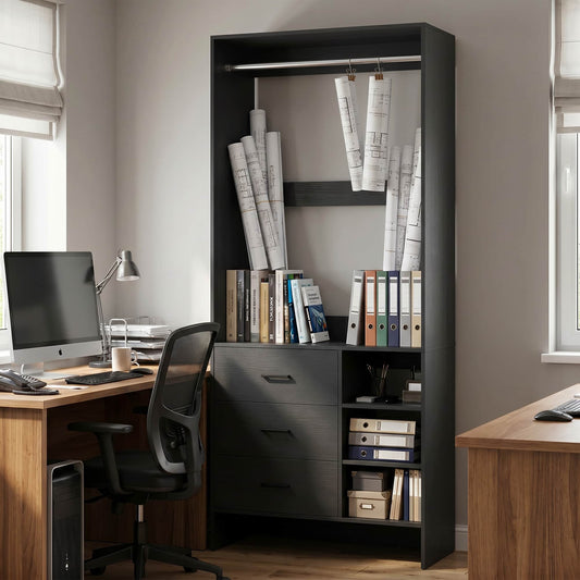 Bookcase with 3 Drawers, Freestanding Storage Bookshelf, 29.5’’ Tall Wood Display Shelves for Home Office, Living Room, Bedroom, Model: YHCC-008