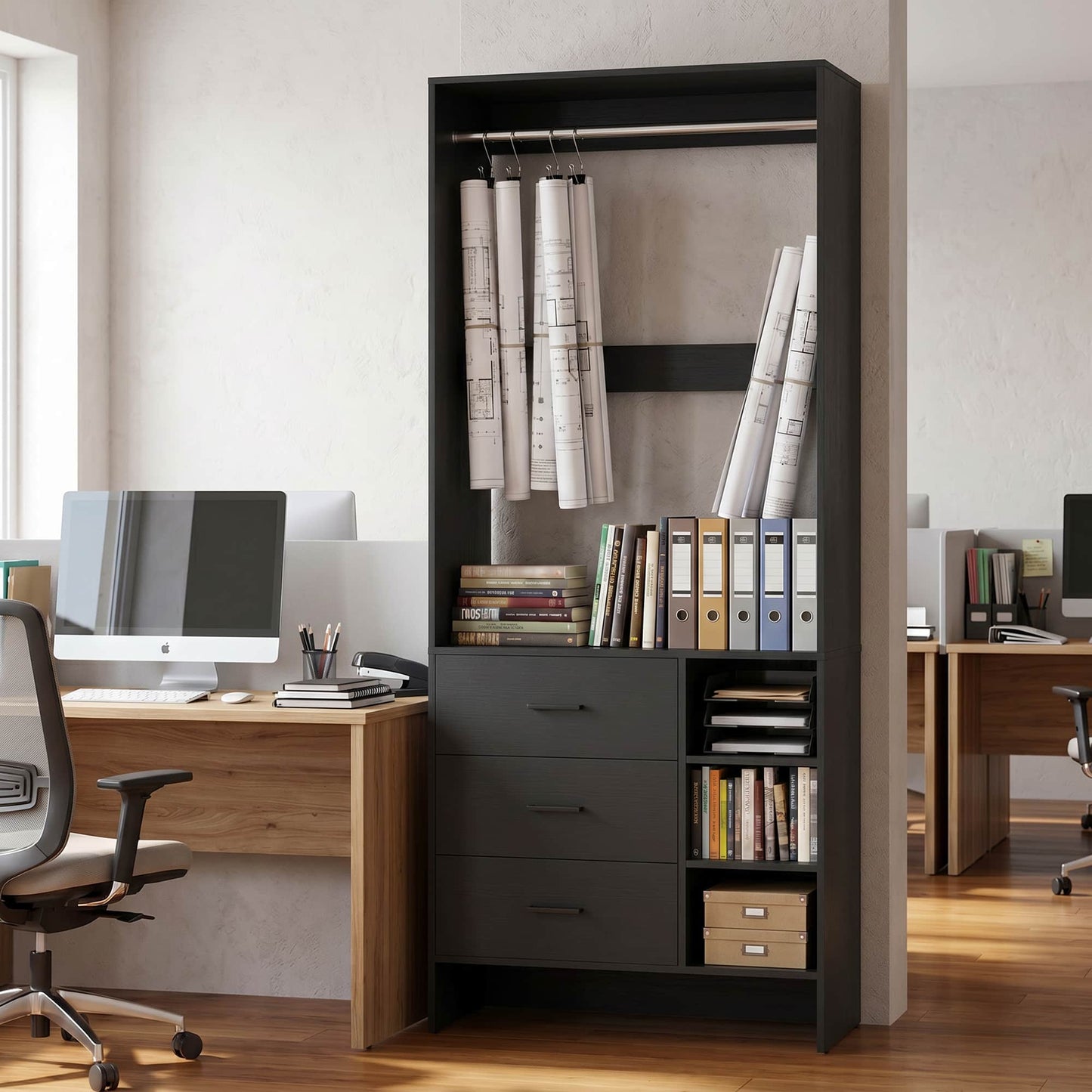Bookcase with 3 Drawers, Freestanding Storage Bookshelf, 29.5’’ Tall Wood Display Shelves for Home Office, Living Room, Bedroom, Model: YHCC-008