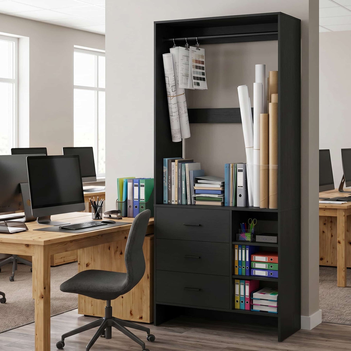 Bookcase with 3 Drawers, Freestanding Storage Bookshelf, 29.5’’ Tall Wood Display Shelves for Home Office, Living Room, Bedroom, Model: YHCC-008