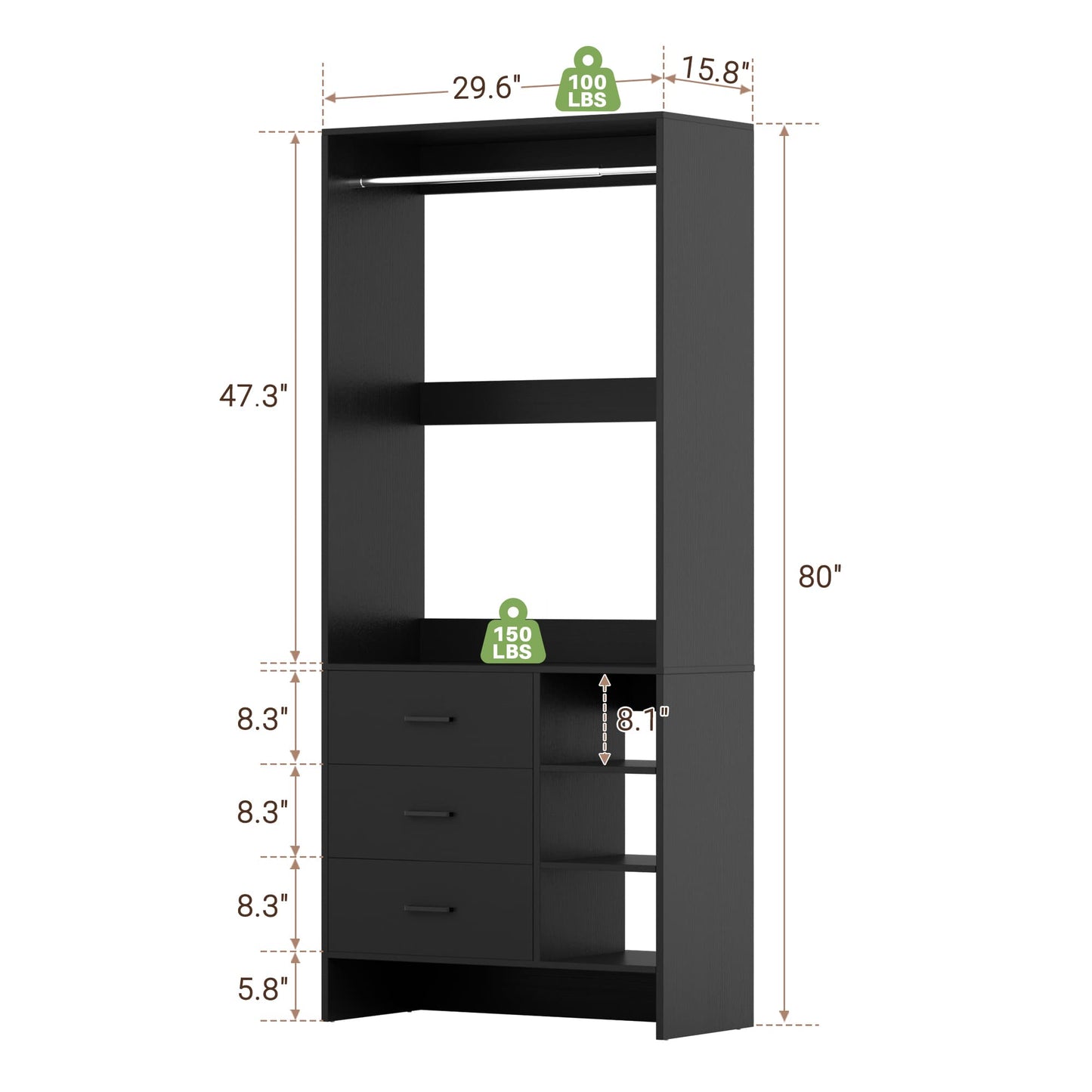 Bookcase with 3 Drawers, Freestanding Storage Bookshelf, 29.5’’ Tall Wood Display Shelves for Home Office, Living Room, Bedroom, Model: YHCC-008
