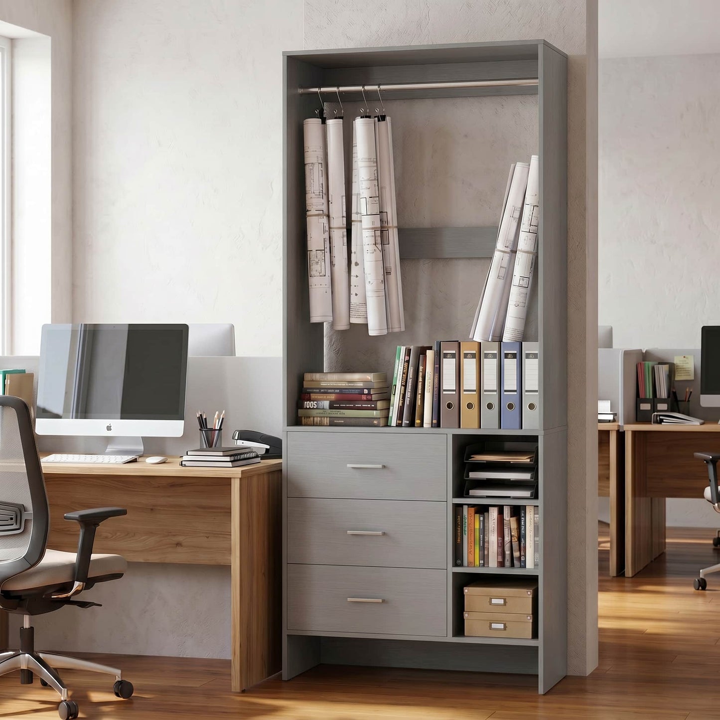 Bookcase with 3 Drawers, Freestanding Storage Bookshelf, 29.5’’ Tall Wood Display Shelves for Home Office, Living Room, Bedroom, Model: YHCC-008