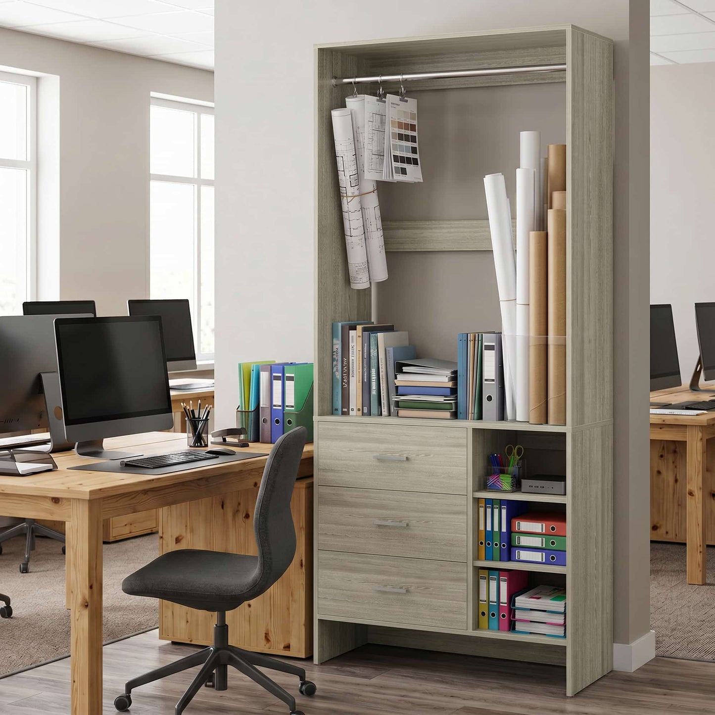 Bookcase with 3 Drawers, Freestanding Storage Bookshelf, 29.5’’ Tall Wood Display Shelves for Home Office, Living Room, Bedroom, Model: YHCC-008