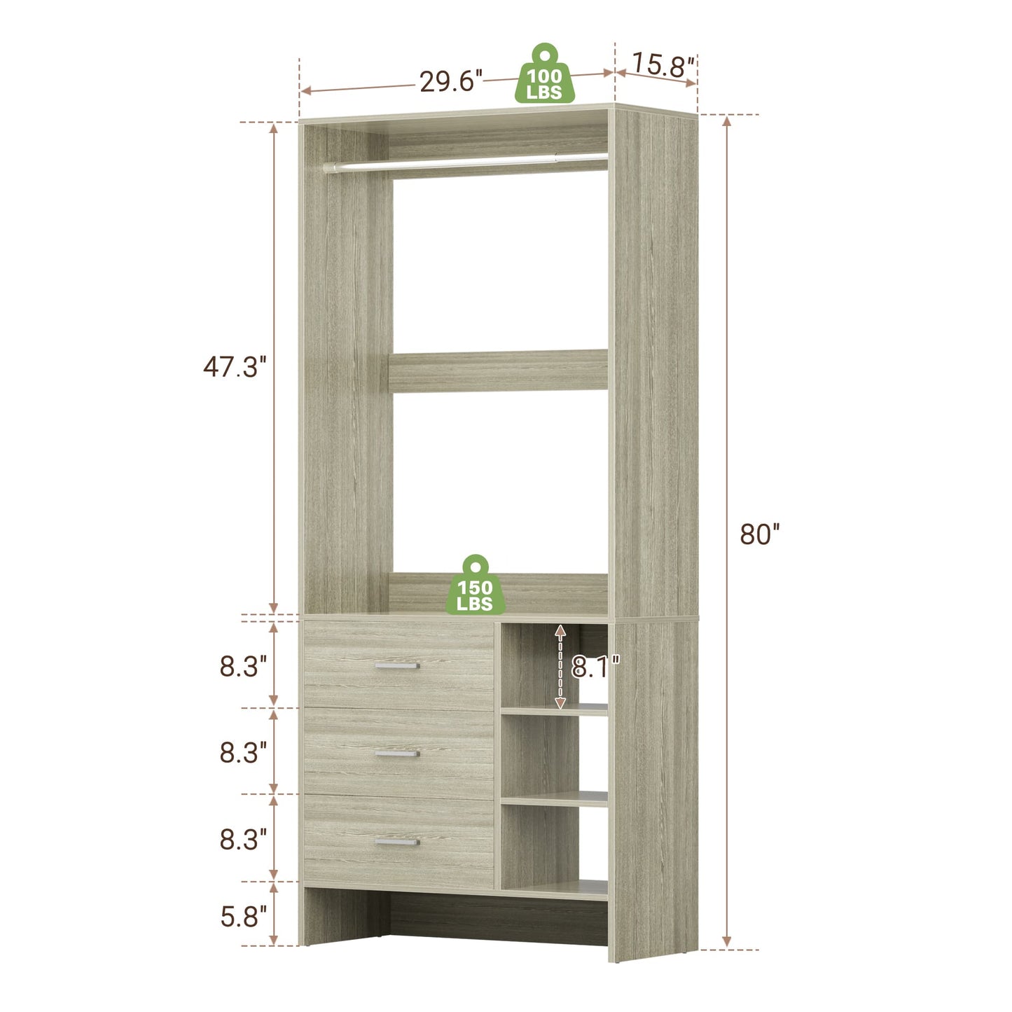 Bookcase with 3 Drawers, Freestanding Storage Bookshelf, 29.5’’ Tall Wood Display Shelves for Home Office, Living Room, Bedroom, Model: YHCC-008