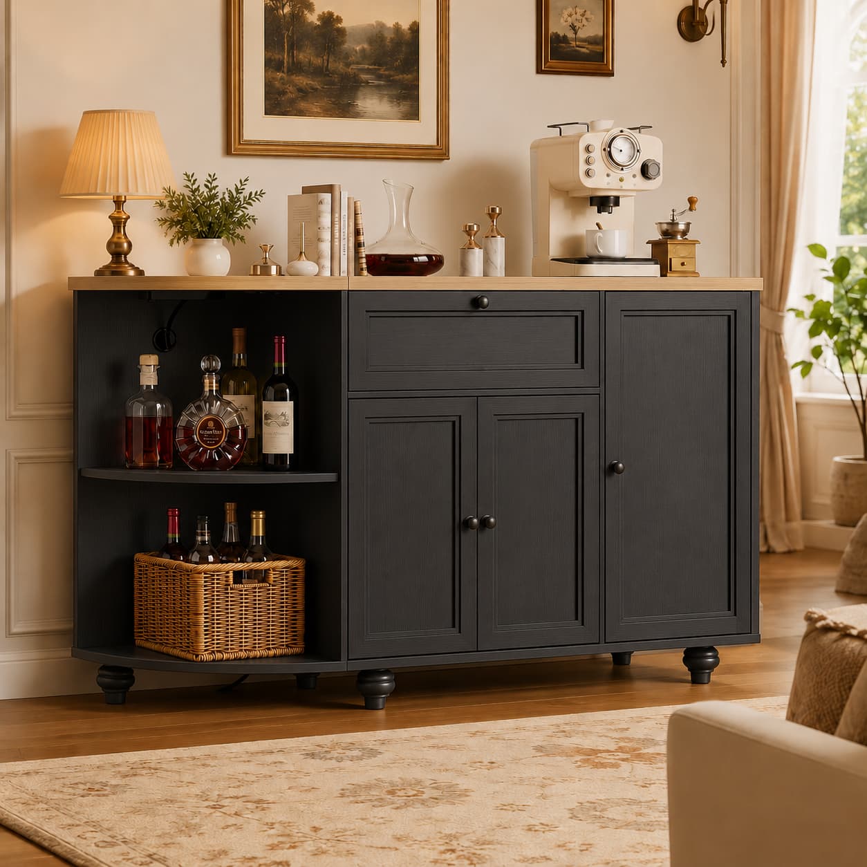 55" Coffee Bar Cabinet with Power Outlet and Wine Rack